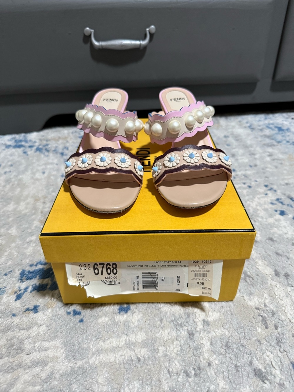 Fendi Pink Pearl & Daisy Double-Strap Slide Sandals